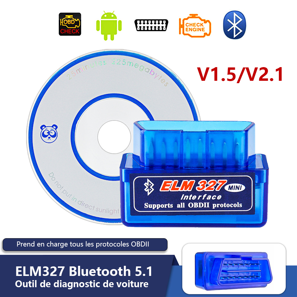 Scanner automatique Bluetooth 5.1 ELM327 V2.1, outil de Diagnostic de voiture, lecteur de Code, Super MINI ELM 327 V1.5 pour Android