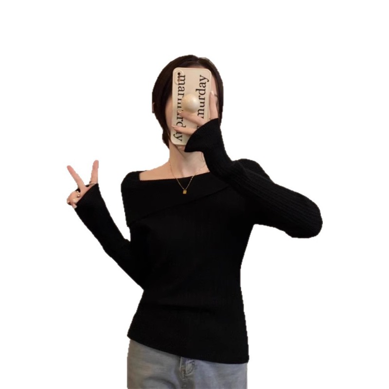 Sólido sexy magro fora do ombro slash neck manga longa tricô camisola feminina jumpers escritório moda nova