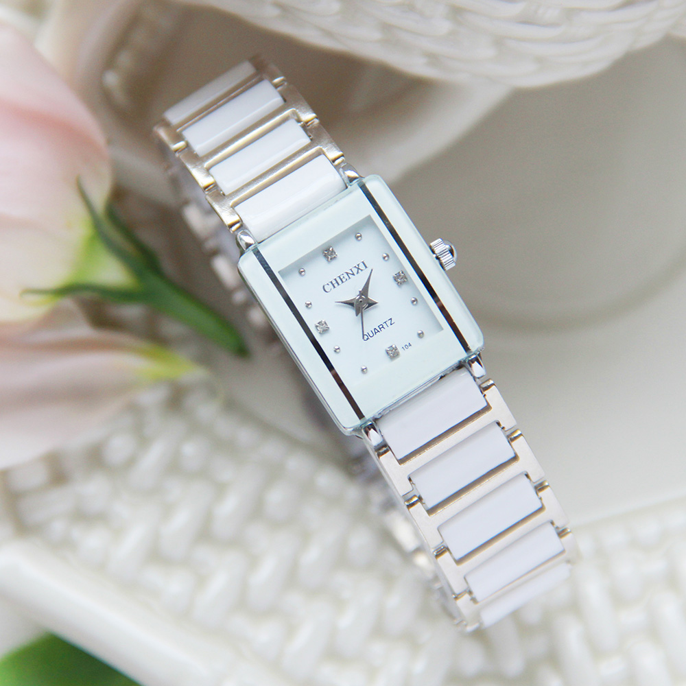 Marca de lujo CHENXI, reloj elegante para mujer con diamantes de imitación, blanco, plateado, pulsera de cerámica Simple y elegante, reloj de pulsera informal de cuarzo para mujer