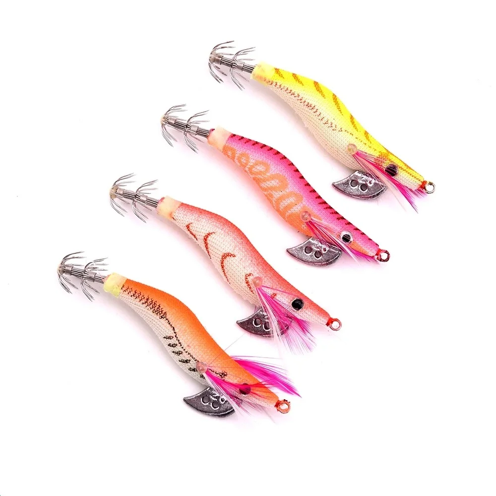 4 Uds Señuelos de pesca envueltos señuelo de gambas pulpo camarones cebos de madera plantilla de calamar anzuelos de pesca 8,5 CM 7,3G 2,0 #