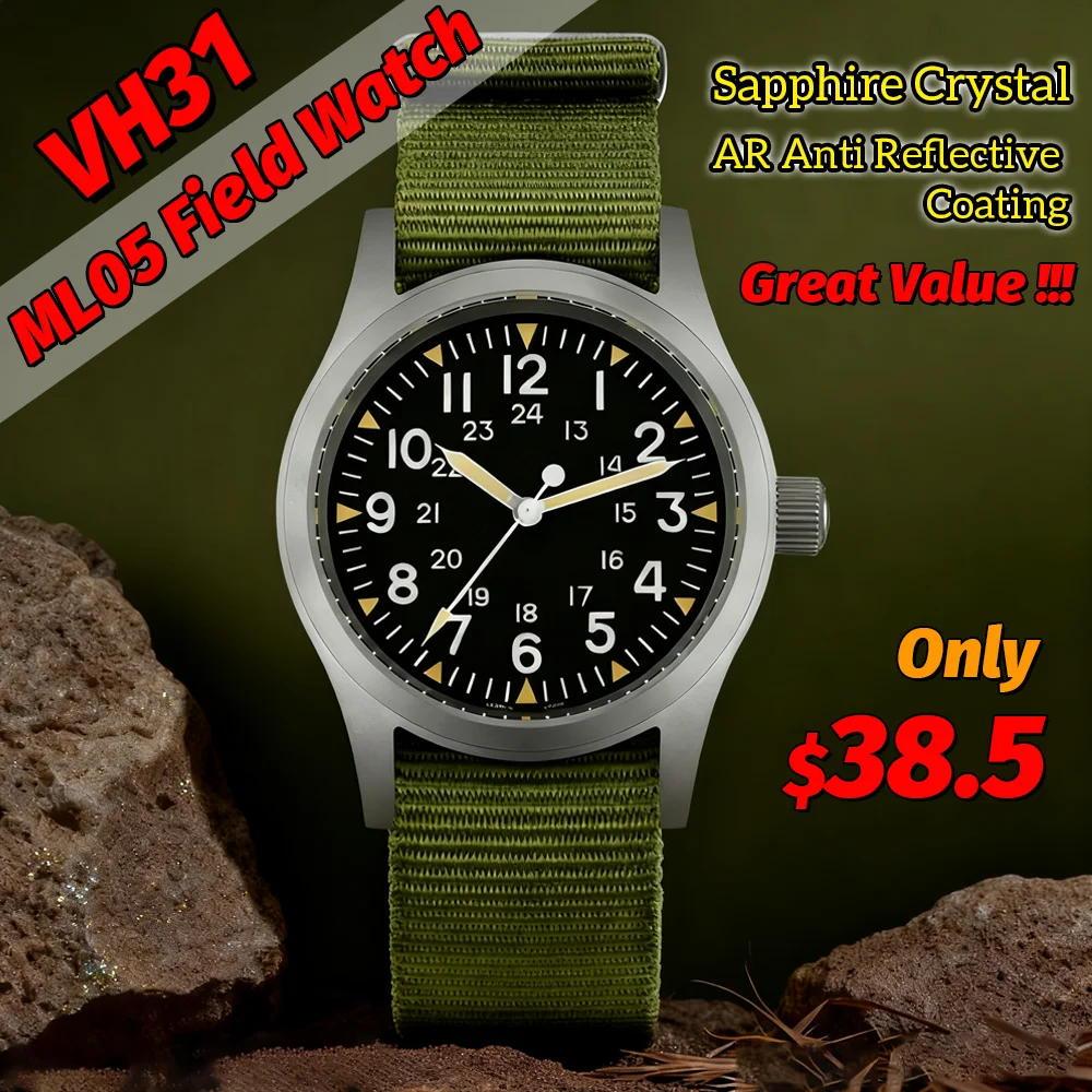Reloj de campo Vintage Militado Ml05 VH31 barrido segundo movimiento de cuarzo cristal de zafiro revestimiento AR altamente transparente relojes luminosos de 38Mm