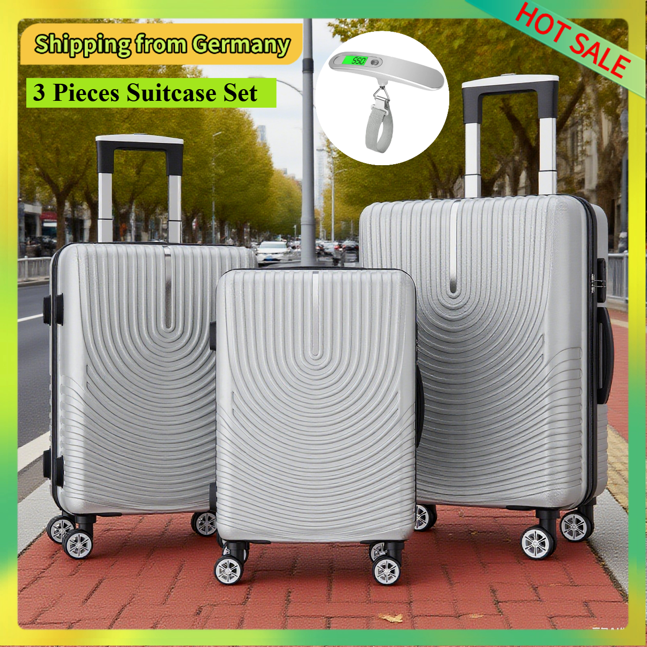 Conjunto Comanlai de 3 malas com trava TSA e rodas universais, bagagem de mão de viagem ABS com suporte de carga portátil, prata