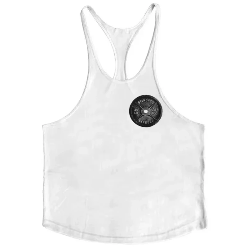 Men's Y - Back Gym Stringer Tank - Barbell Plate Print, Breathable Cotton, Ideal for Bodybuilding,Weightlifting Intense Workouts