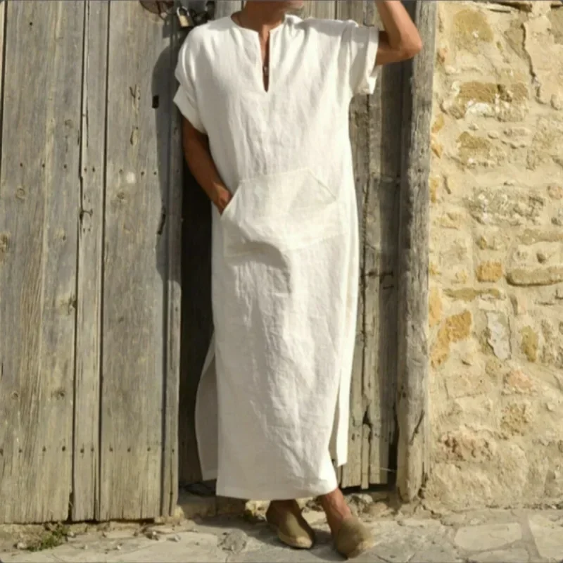 Ew modelos de primavera e verão masculino estilo muçulmano robe simples sólido all-match pequeno decote em v linho confortável manga curta robe