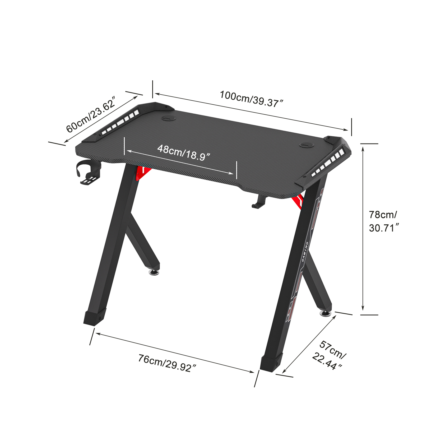 Mesa de jogos com luzes LED RGB dinâmicas Mesa de PC resistente com pernas de metal espessadas estáveis Superfície de fibra de carbono 3D