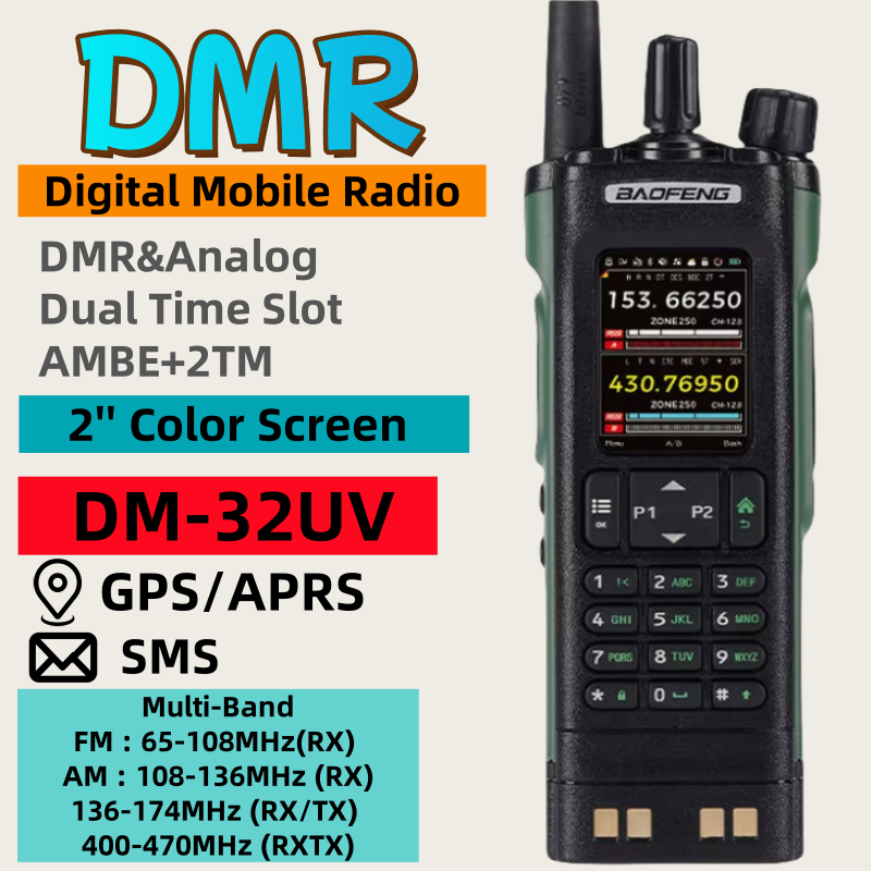 BAOFENG DM-32UV Walkie Talkie 8W GPS APRS Dual Time Slot Analoge Tier 1 & 2 Type-C Wireless Copy Frequency Ham Radio