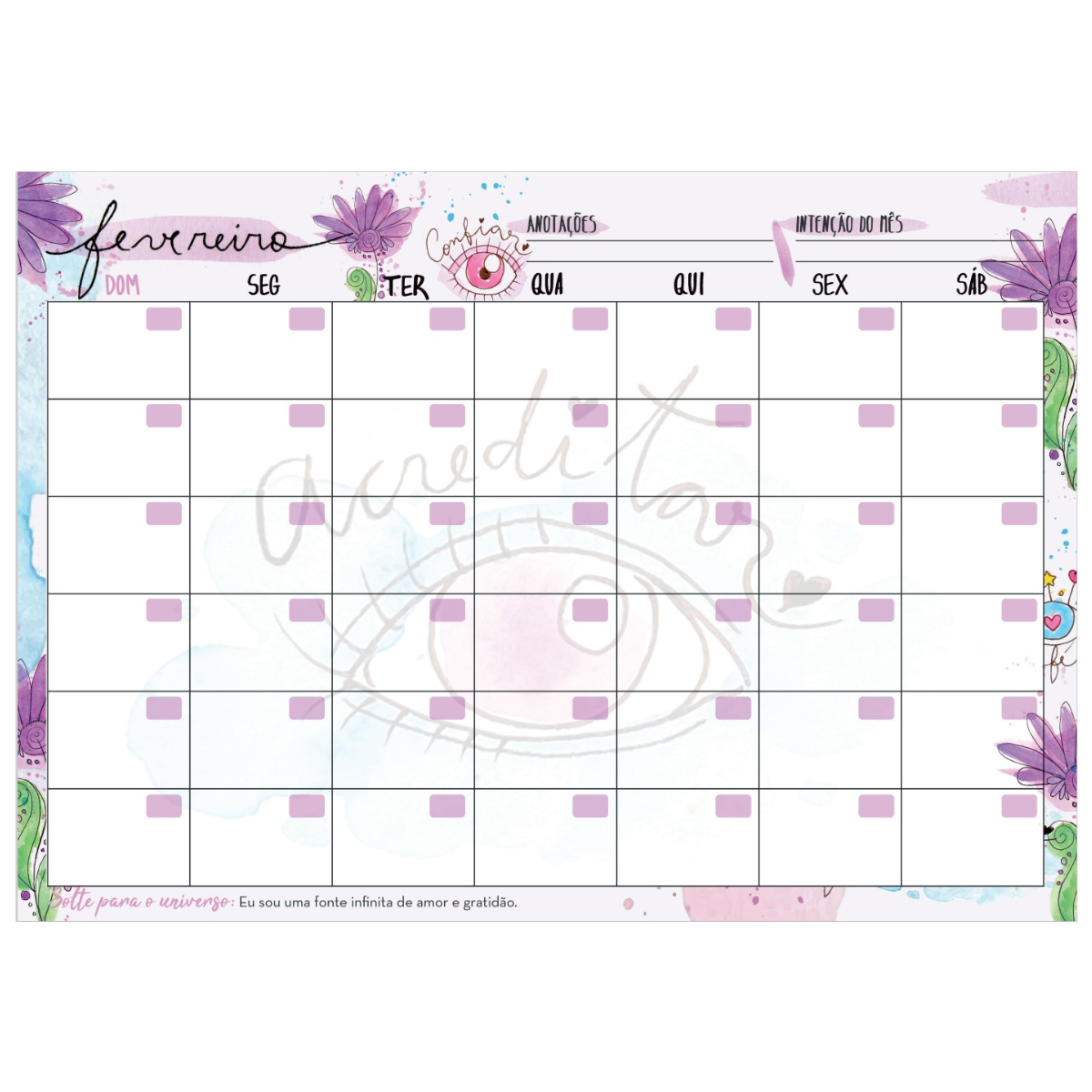 Planner Calendário Mensal Aquarela A4 Lateral 15 Folhas