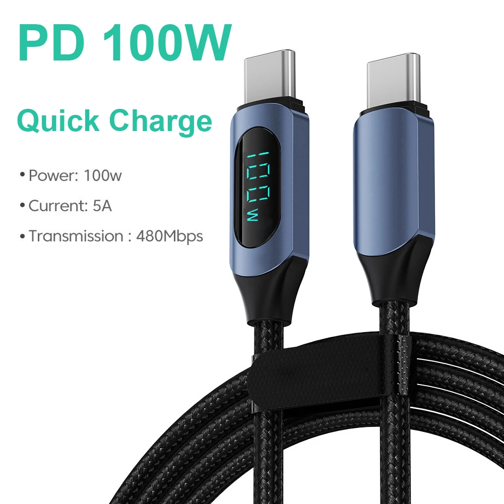 100W 1m/2m pantalla Digital en tiempo Real tipo C a tipo C Cable PD cargador rápido USB C a USB C Cable para iphone 15 16 Cable de datos