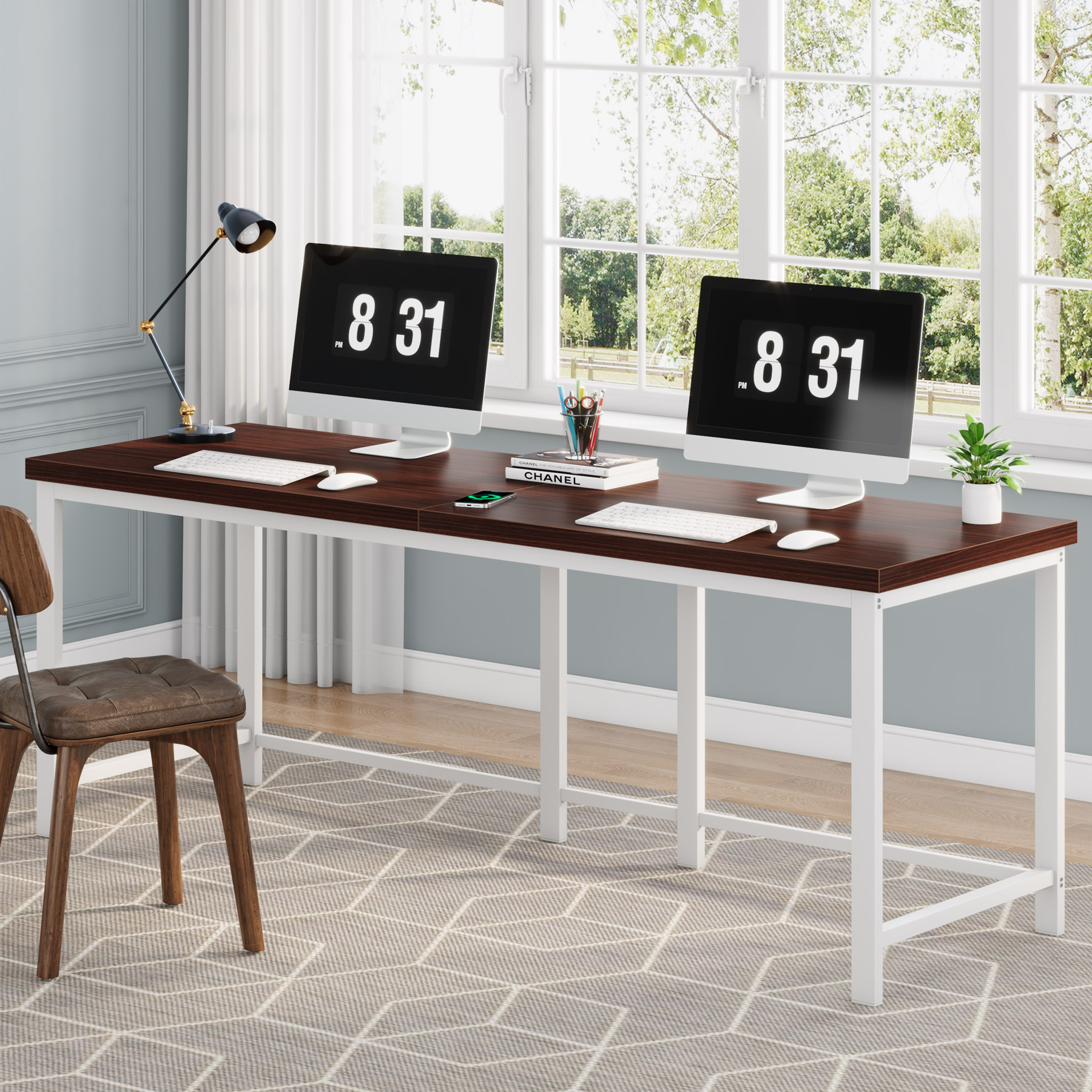 Tribesigns 200cm Double Computer Desk, Extra Long 2 Person Desk Workstation, Large Office Desk Study Writing Table