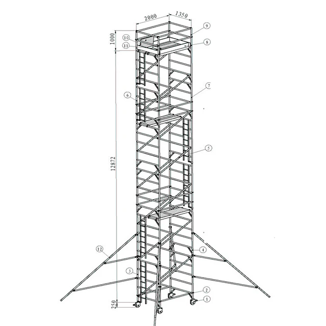 Torre per impalcature mobile in alluminio da 6 m 8 m 10 m 12 m con piattaforma