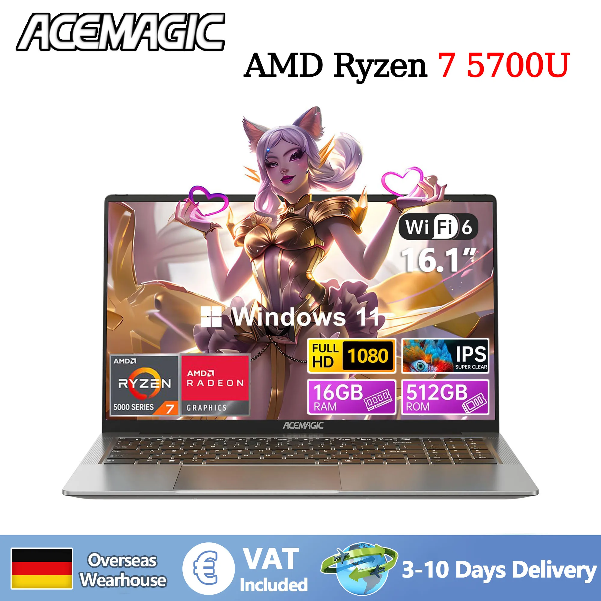 ACEMAGIC Gaming-Notebook AMD Ryzen 7 5700U (Beat i7-1265U) Laptop-Tastatur mit Hintergrundbeleuchtung, RAM 16 GB NVME SSD 512 GB, 16,1 Zoll Full HD 1920 x 1080