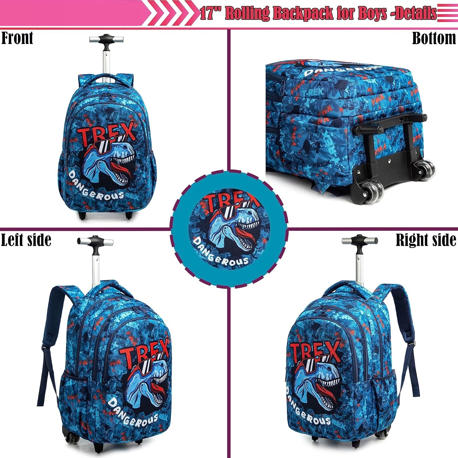 Sacs d'école de 18 pouces, sac à dos à roulettes pour garçons et filles, sac à dos roulant de voyage, ensemble de sacs à roulettes avec boîte à déjeuner thermique
