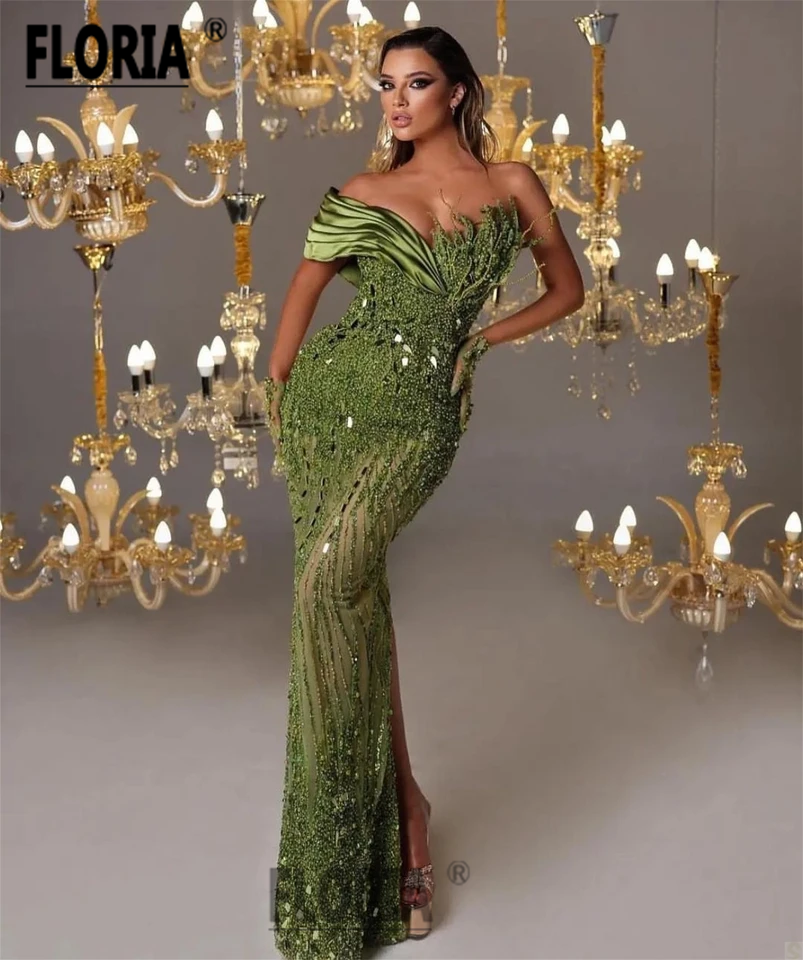 Vestidos De Noche elegantes con perlas verdes, apliques De cuentas De cristales, vestido De fiesta para graduación, bata De boda, Vestidos De Gala personalizados