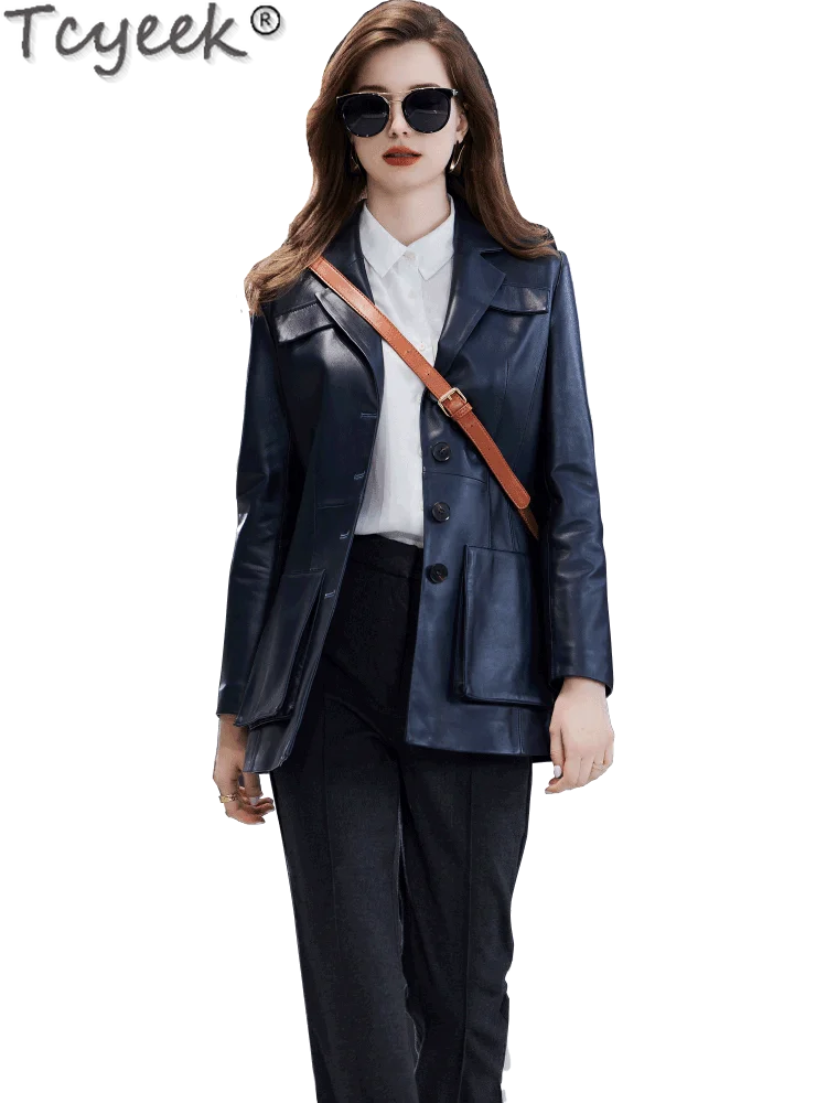Tcyeek จริงหนังแจ็คเก็ตผู้หญิงหนังแกะธรรมชาติกลางความยาวหนังฤดูใบไม้ร่วงเสื้อผ้าผู้หญิงเสื้อสูท Jaqueta De Couro