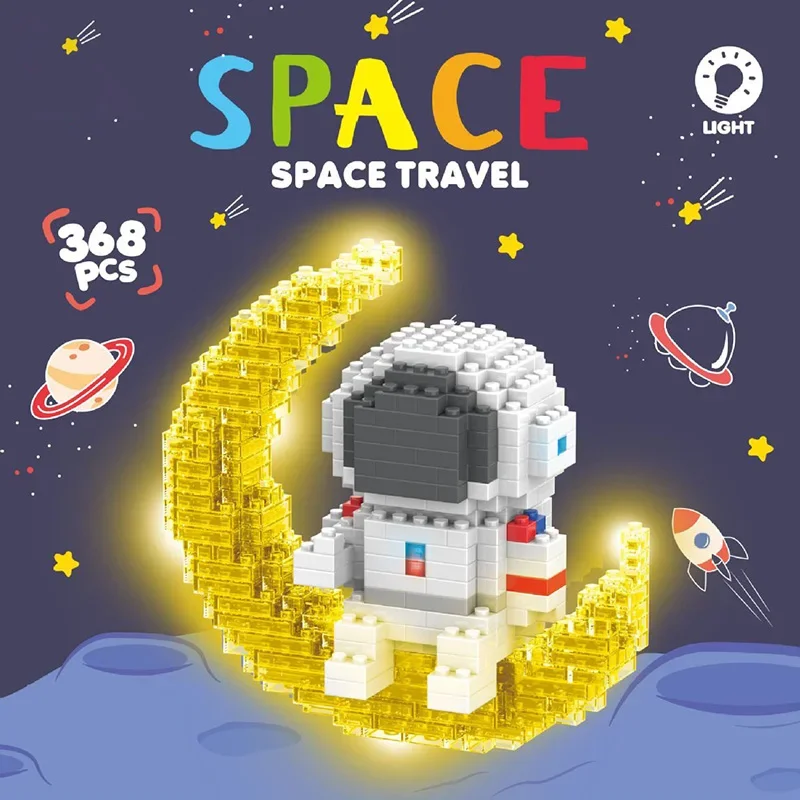 Knew Built Luminous นักบินอวกาศ Moon Micro อิฐบล็อกอาคารชุดของเล่นเพื่อการศึกษา LED Light Technology อิฐสําหรับผู้ใหญ่