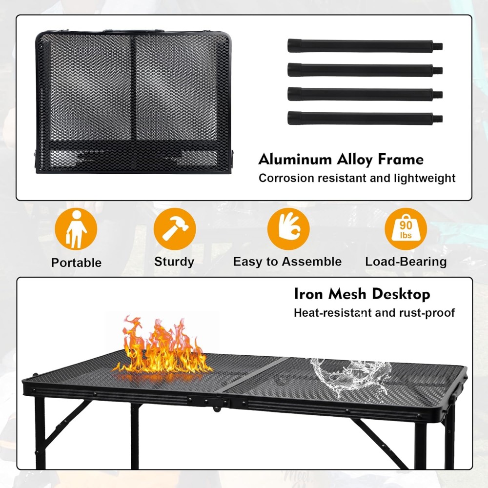 Grill Table For Outside,Lightweight Aluminum Folding Portable Metal Mesh Outdoor Grill Table For Camping Cooking BBQ RV Picnic