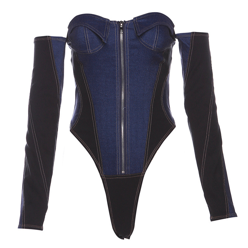 Moda feminina zíper denim bodysuits oco para fora manga longa magro bodysuit macacão azul denim curto macacões outfits