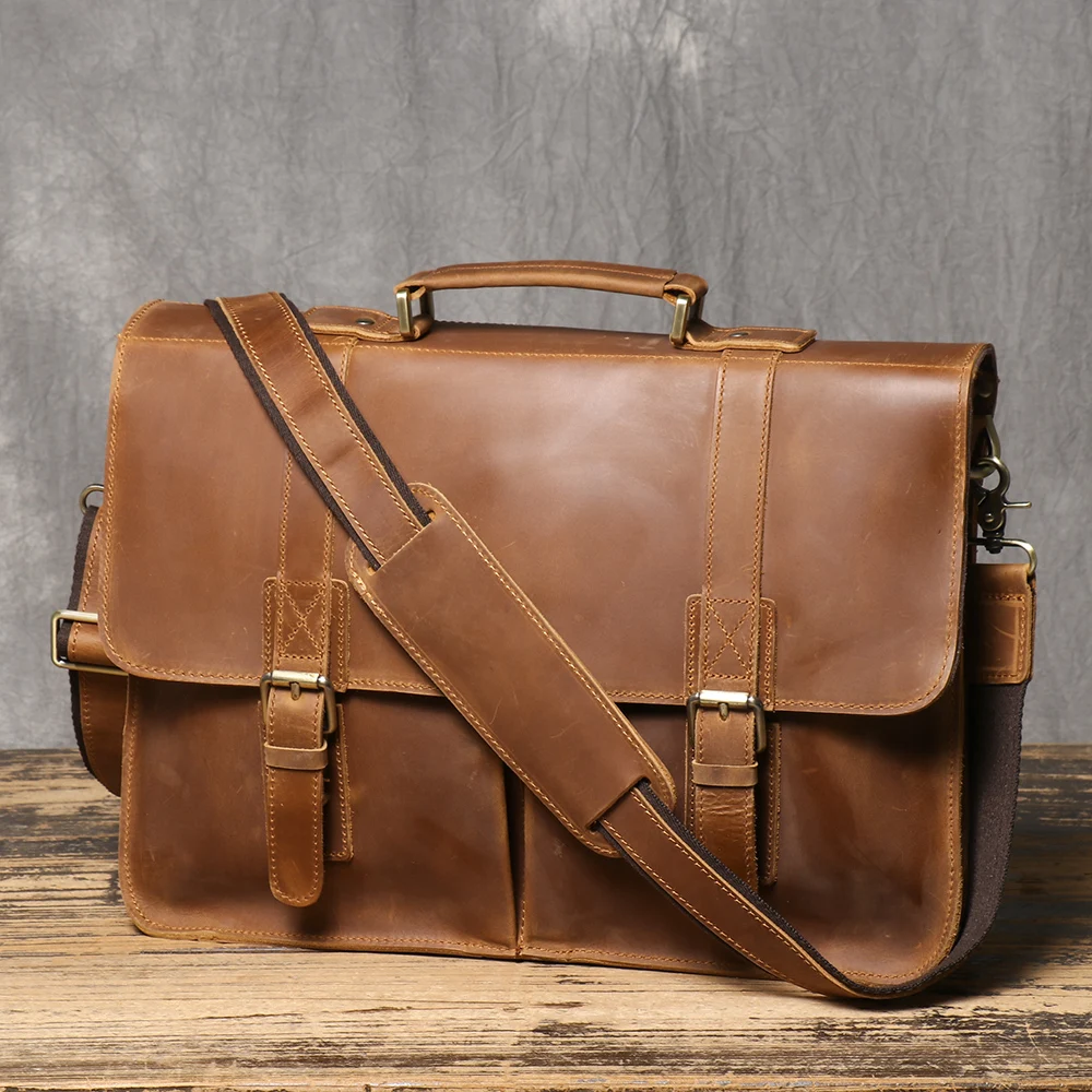 Retro Aktentasche Crazy Horse Leder Herren Rindsleder Schulter Umhängetasche Große Kapazität Echtleder Laptoptasche