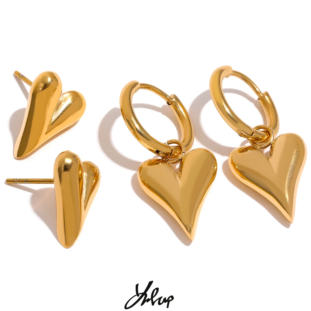 Pendientes de aro Yhpup de acero inoxidable con forma de corazón elegante, joyería de moda sin deslustre de Color dorado para mujer, bisutería