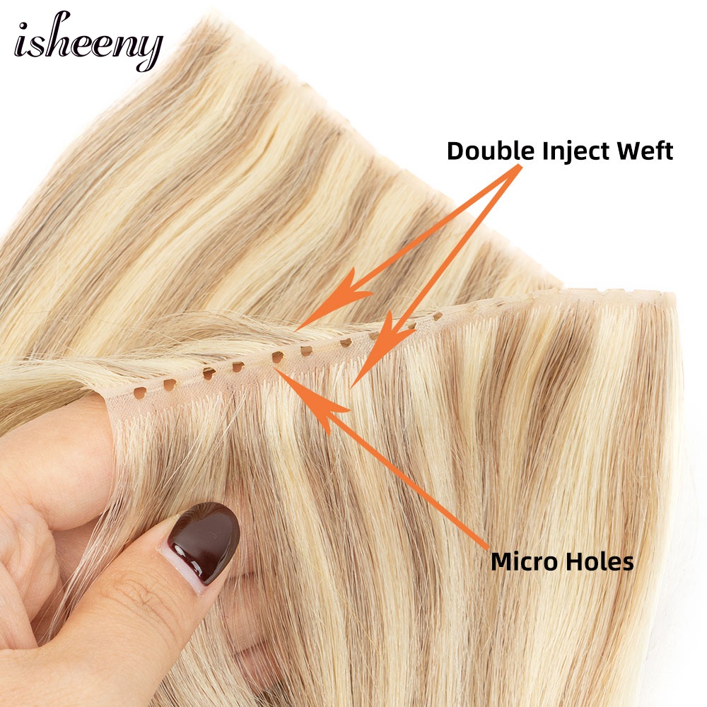 Double Inject XO Hole Weft Human Hair Extensions 12"-24" Invisible Twin Tab Weft Hair Natural Straight Pull Through Micro Hair