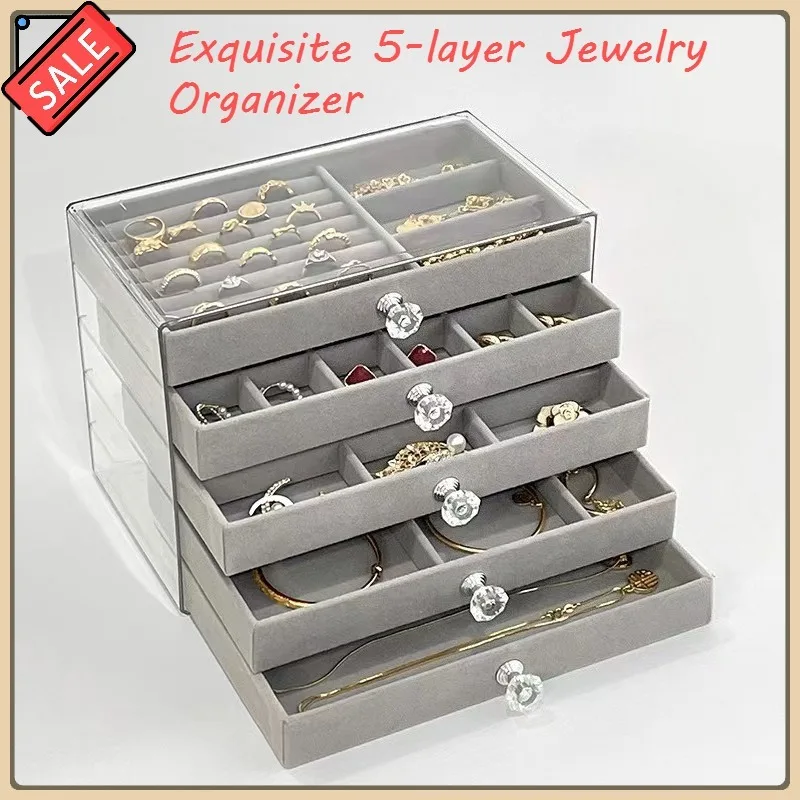 Neue 5-lagige exquisite graue Schmuckschatulle für Ohrringe, Ringe, Schublade, Aufbewahrungsbox mit großer Kapazität, Antioxidations-Schmuckschatulle