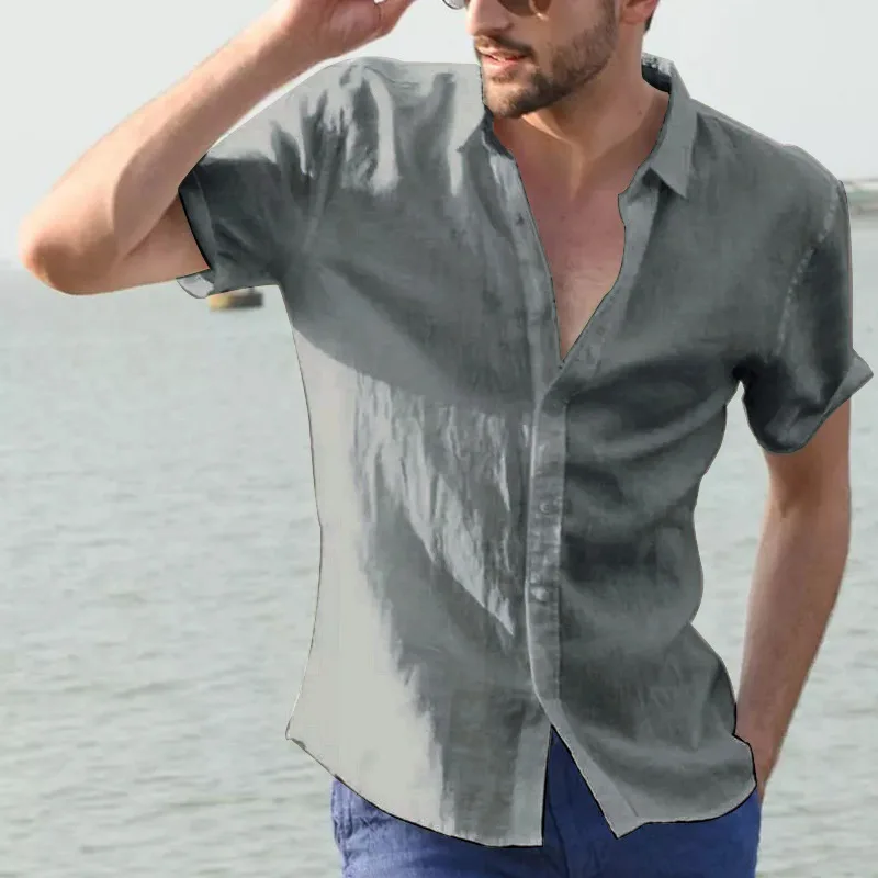 Camicie estive in cotone e lino per uomo Camicie casual a maniche corte Camicette Colletto rovesciato solido Camicie da spiaggia formali Abbigliamento maschile