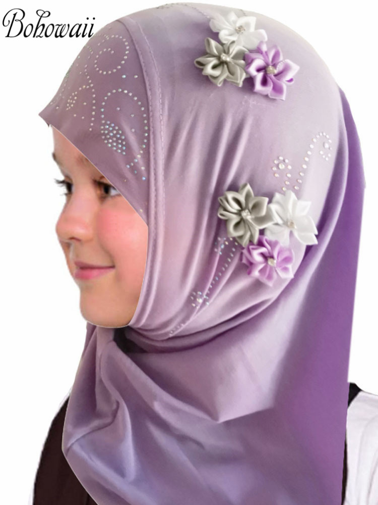 BOHOWAII Kids Meisjes Moslim Instant Hijab Klaar om te dragen Islamitische sjaals Tulband met bloemen sjaals Jersey hoofddoek (2-7 jaar)