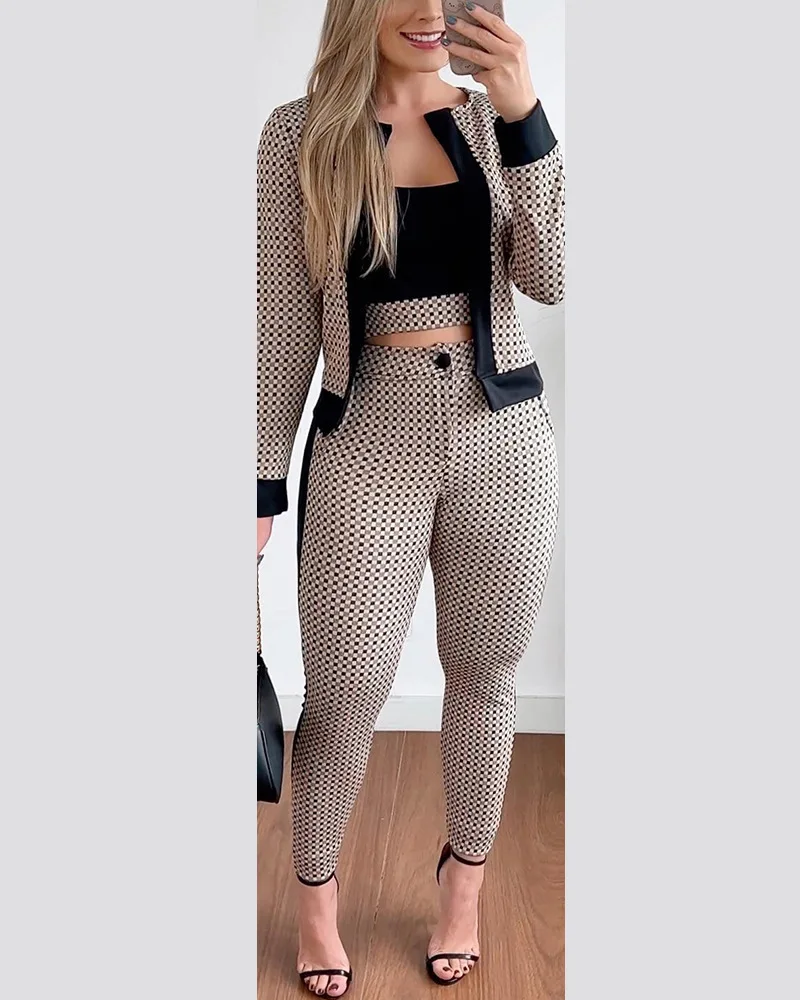 Conjuntos de trajes para mujer, conjunto de 3 piezas con estampado a cuadros, Top corto y pantalones con abrigo, conjunto informal elegante a la moda para mujer 2024