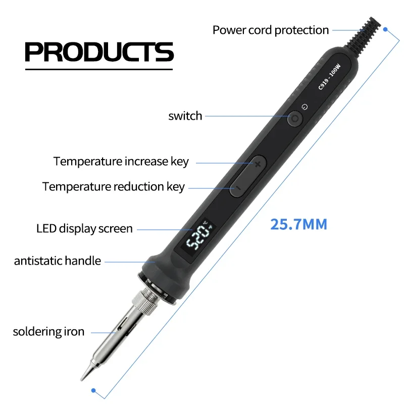 Juego de soldador eléctrico USB, calentador de soldadura LCD de temperatura ajustable de 100W con interruptor de encendido/apagado, Kit de soldadura electrónica inteligente
