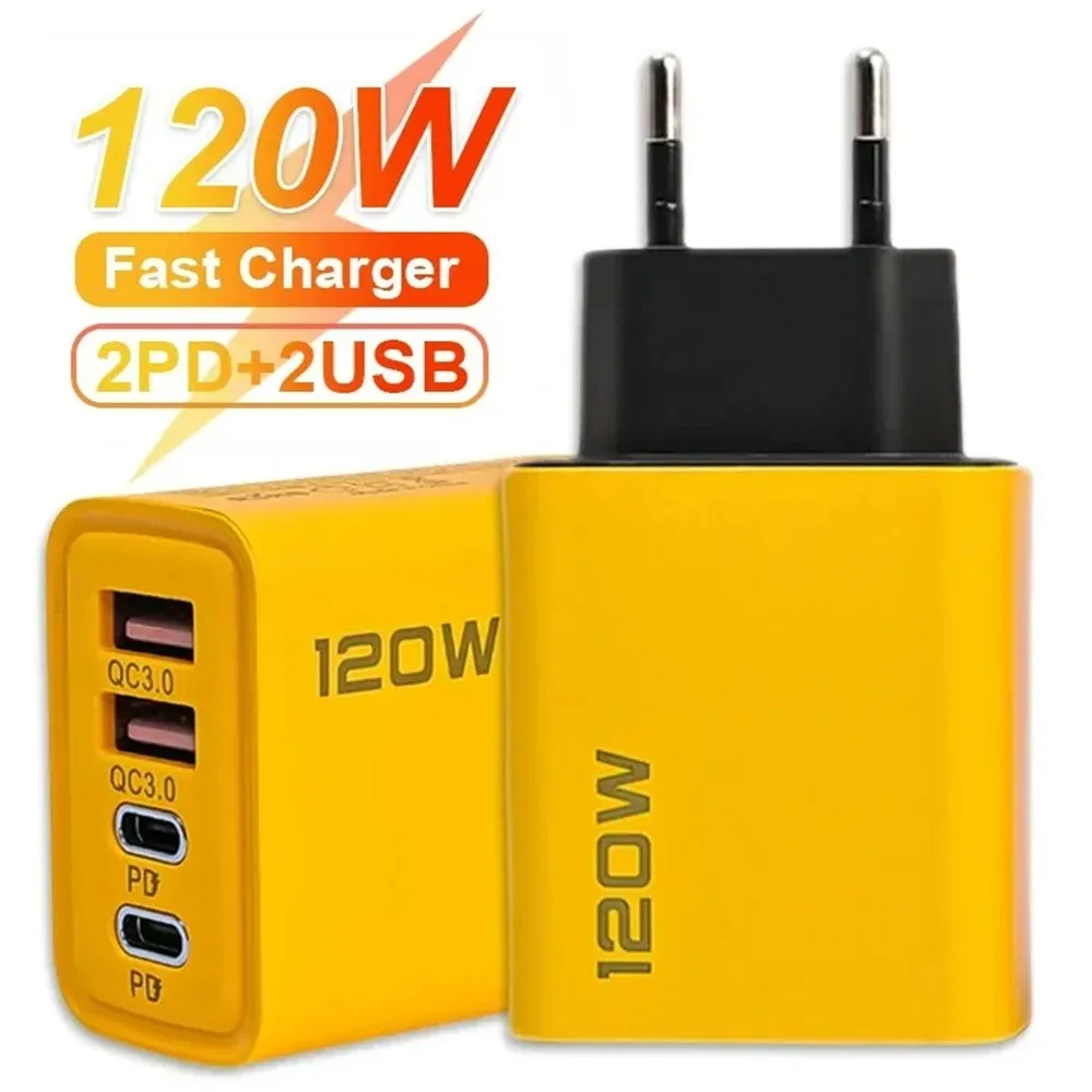 Total 120W USB Fast Charger 4Port  PD Quick Charging USB 3.0 Type C EU US Plug Charger For Xiaomi iPhone 15 Pro Max Wall Adapter