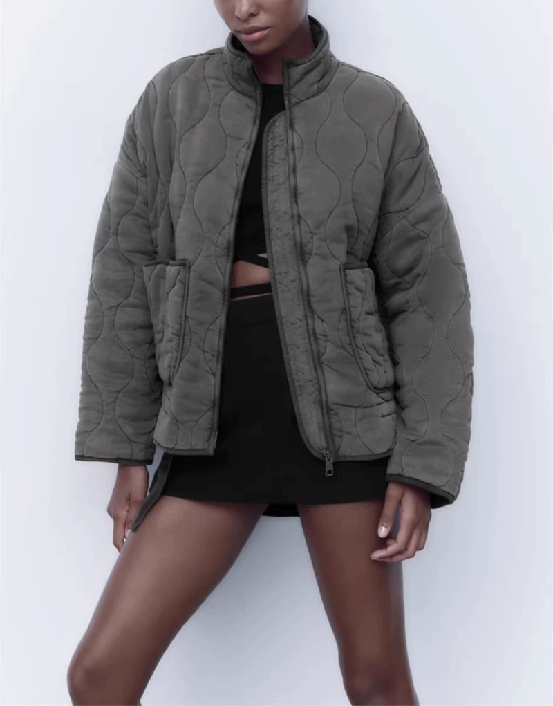 ETJ 2025 Damen neuer, modischer, gewaschener, alter, gesteppter Stehkragen, große Tasche, mit Baumwolle gepolsterter Freizeitmantel