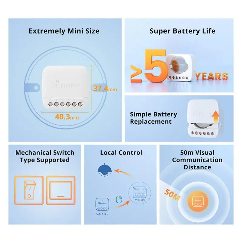 SONOFF S-MATE2 Extreme Switch Mate con batería Control Local trabajo interruptor mecánico compatible con Control remoto EWeLink a través de S-MATE2