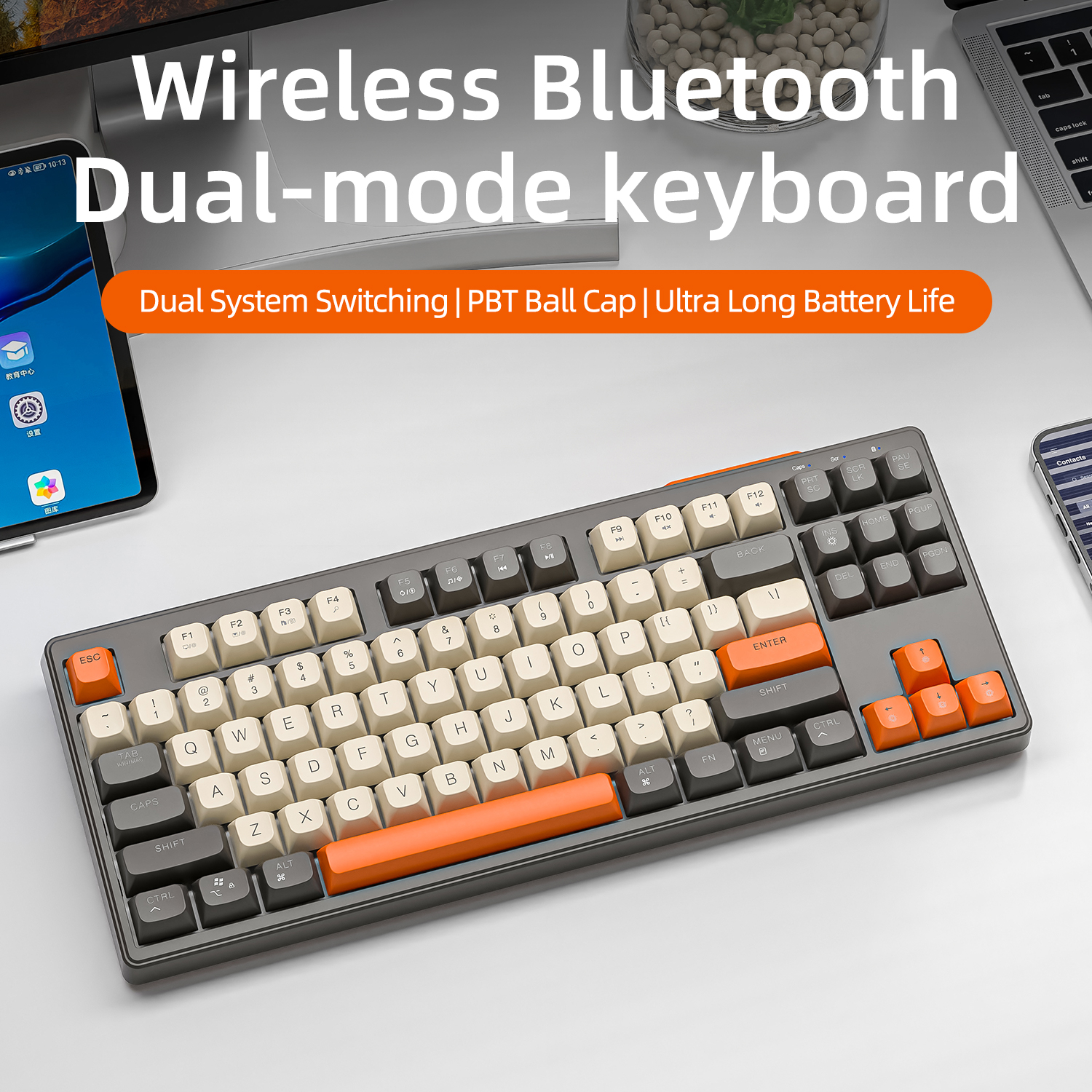 Klawiatura bezprzewodowa M87, 87 klawiszy Klawiatura Bluetooth z podwójnym trybem i tęczowym światłem RGB, klawiatura do gier z kulkami PBT