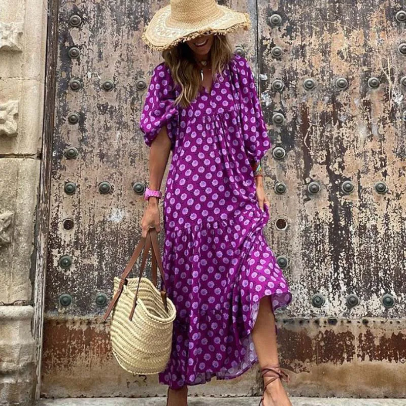 5XL พัฟแขน Boho Maxi ฤดูร้อนผู้หญิงหลวมสบายๆสไตล์วันหยุด Vestidos Drawstring V คอชุดชายหาดยาว