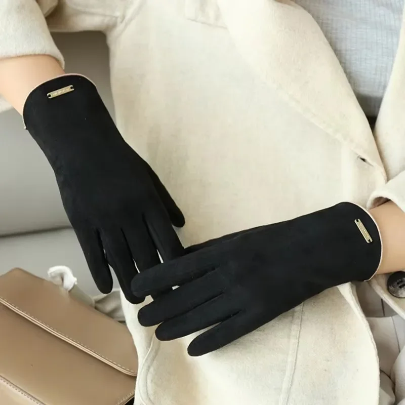 Gants à écran tactile pour femme, mitaines en cachemire fin, mitaines monochromes, maintien au chaud, conduite cycliste, tissu en daim, élégant, coupe-vent, automne, hiver