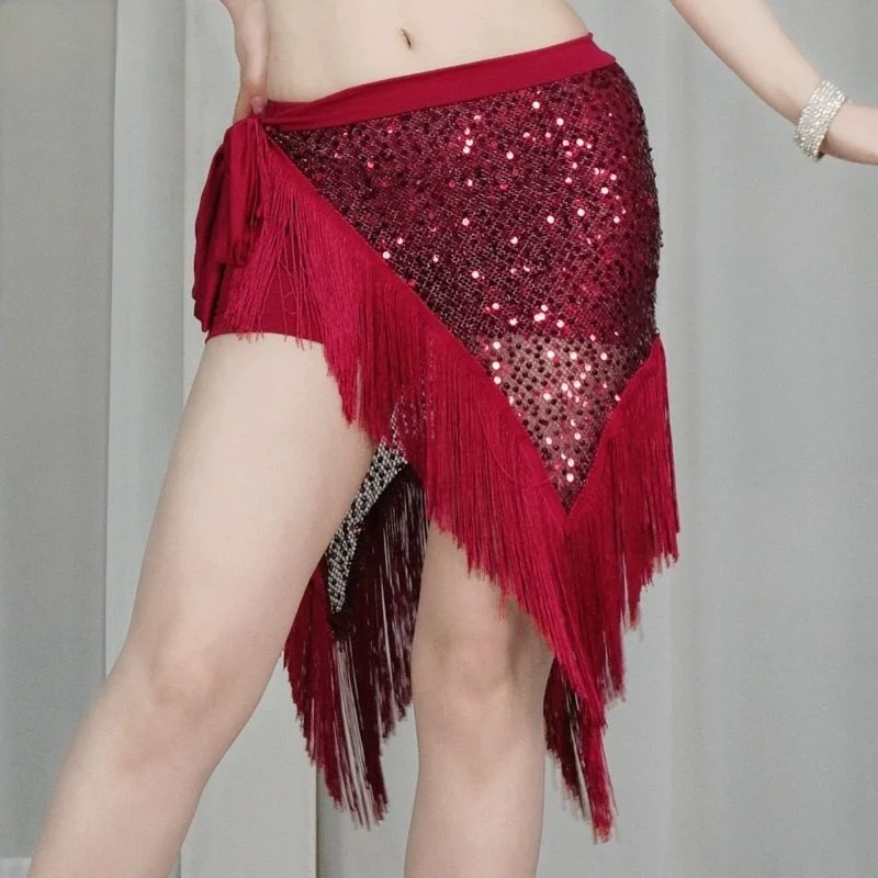 Frauen Bauchtanz Kleidung Lange Fransen Unregelmäßige Fishnet Shimmy Gürtel Bauchtanz Hüfte Schal Sparkle Pailletten Krawatte Wraps