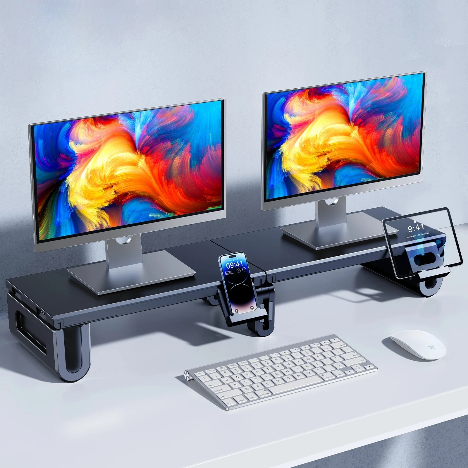 Eary Dual Monitor Stand Riser ความยาวปรับแล็ปท็อป Desktop Organizer ขาตั้งโทรศัพท์ผู้ถือแท็บเล็ตสําหรับโฮมออฟฟิศ