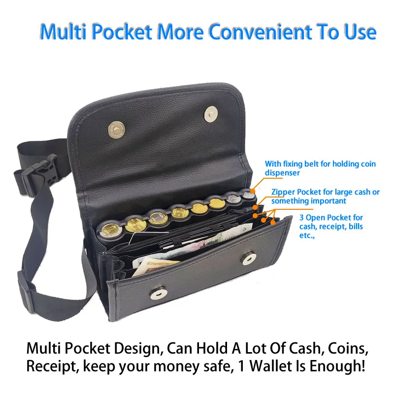PUレザー財布付きユーロ小銭入れ、コインコレクター、マルチポケット、ファニーパック、ウエストウォレット、ドライバー、ウェイター、キャッシャー、8スロット