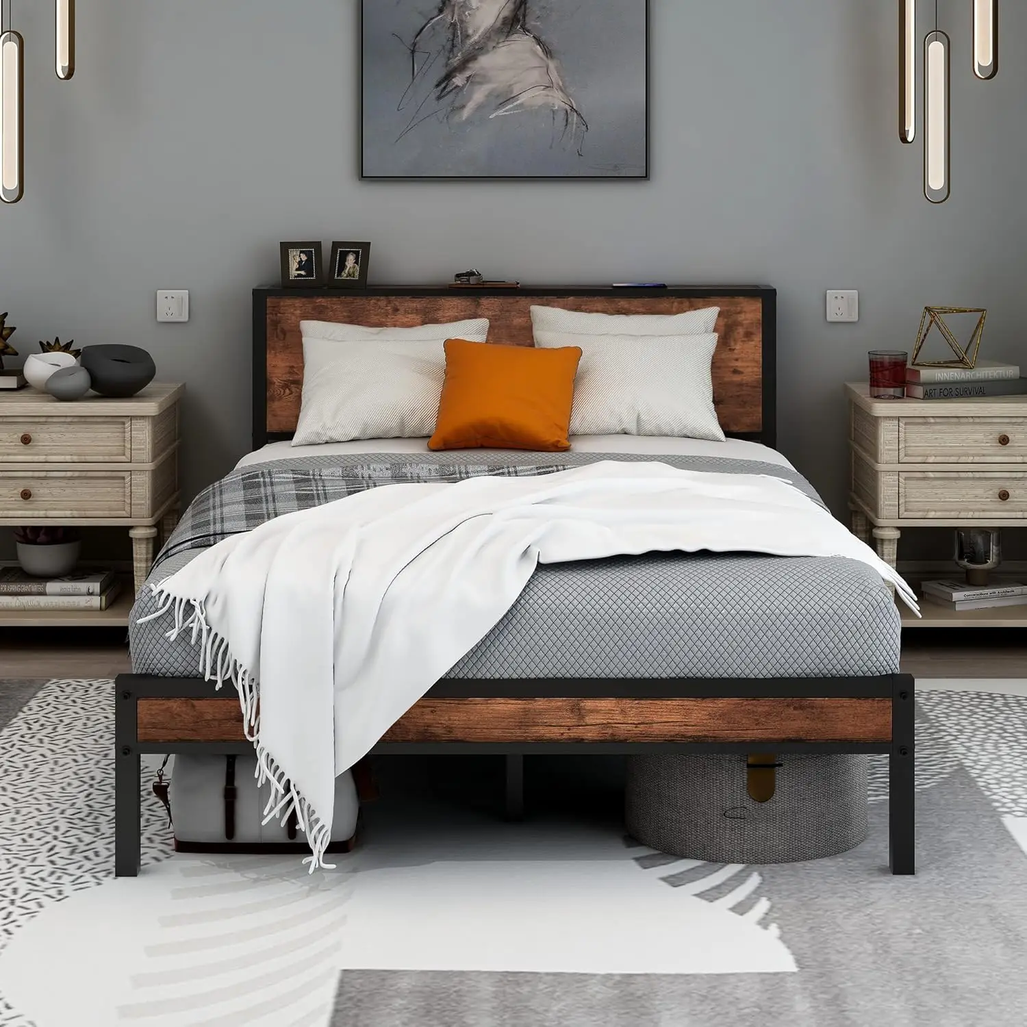 Double Bed Frame Metal Platform Bed Frame with Wood Headboard/Mattress Base/Underbed Storage/No Box Spring Needed/Brown