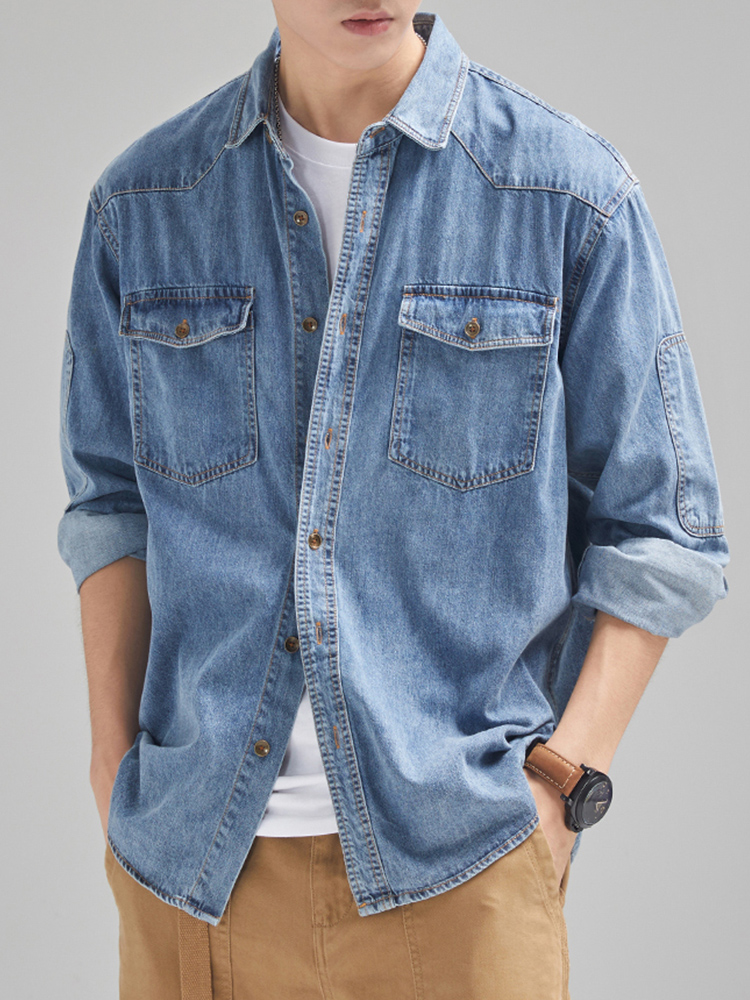 2024 neue Denim Baumwolle männer Hemd Langarm Schwarz Blau Tropfen Schulter Taste Taschen Cowboy Lose Beiläufige Arbeit Jeans shirts