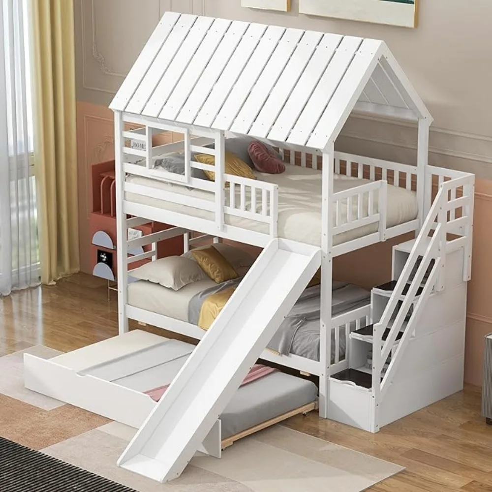 Bunk Beds Twin Over Twin with Slide,Twin Bunk Bed with Storage Stairs and Trundle,Wood Kids Bunk Bed with Roof and Window Design