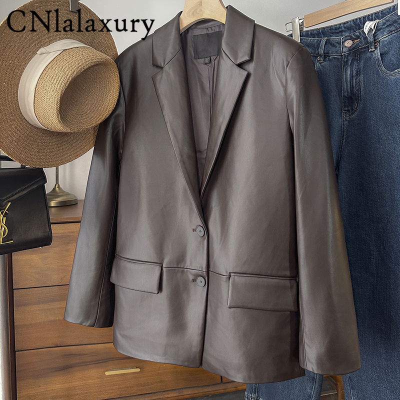 Офисные женские куртки, женский пиджак, однотонный пиджак из искусственной кожи с длинными рукавами и одной пуговицей, модная осенне-зимняя верхняя одежда 2025 г.