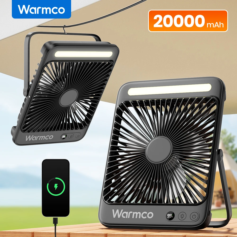 Ventilador de escritorio portátil Warmco D4, ventilador de Camping recargable de 20000mAh con luz, tiempo de ejecución de 48 horas, ventilador Personal silencioso de 8 ", pantalla Digital