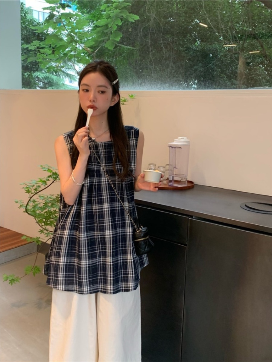 Csa Fena Xadrez Verão 2024 Solta Doce e Versátil Sem Mangas Estilo Francês Gola Redonda Csa Vestido Midi