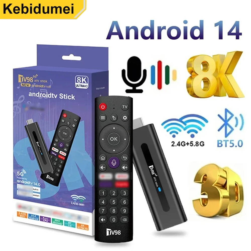 TV98 ATV Android 14 Smart TV Stick 8K 2.4G 5G Dual WiFi BT 5.0 Set Top Box HDR10 Голосовой пульт дистанционного управления TV Box Allwinner H313 Медиаплеер