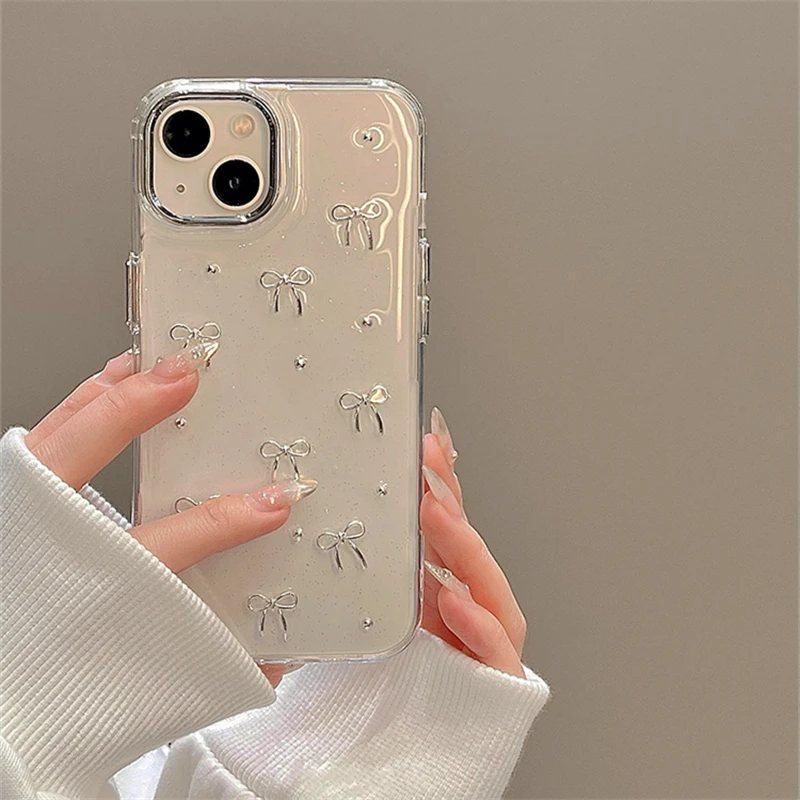 INS Corea brillo 3D cuentas de lazo plateado funda de teléfono para iPhone 16 15 14 13 12 11 Pro Max 7 8 Plus X XS carcasa epoxi chica cubierta transparente
