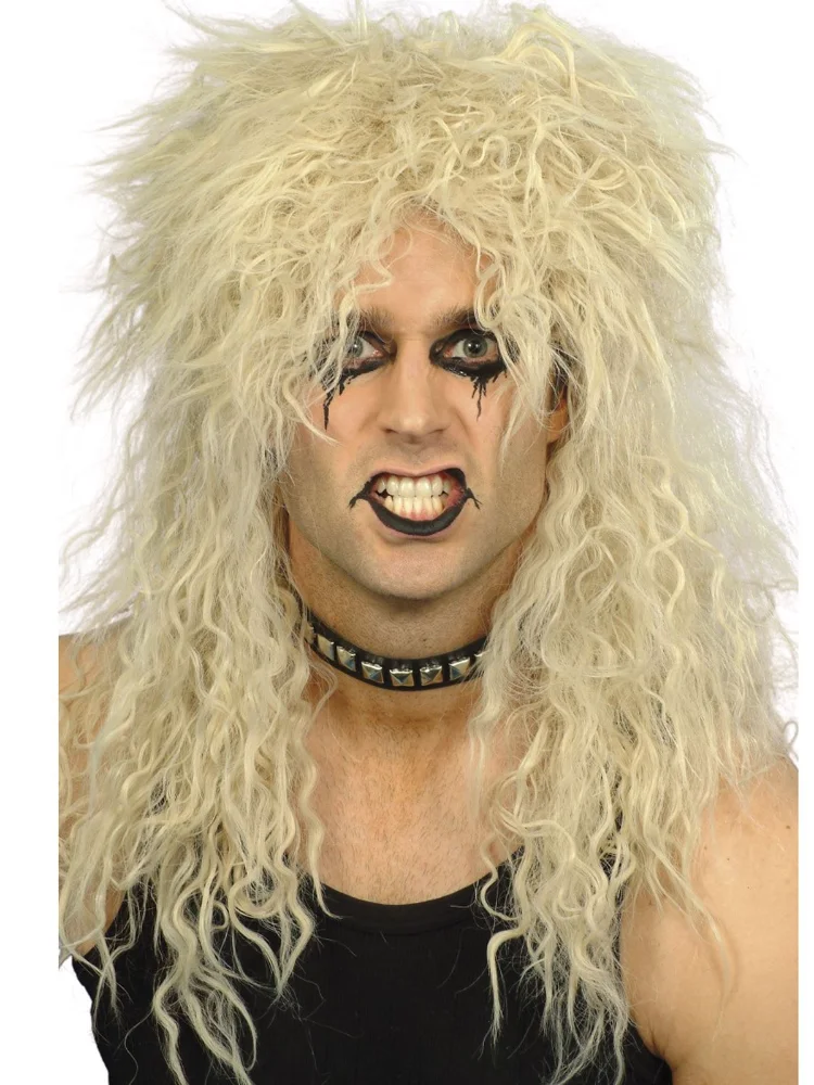 70 年代 80 年代ロックスターウィッグブロンドパンクふわふわ曲線ロング男性用ウィッグハロウィンパーティーボラ合成かつらコスプレロックアクセサリー