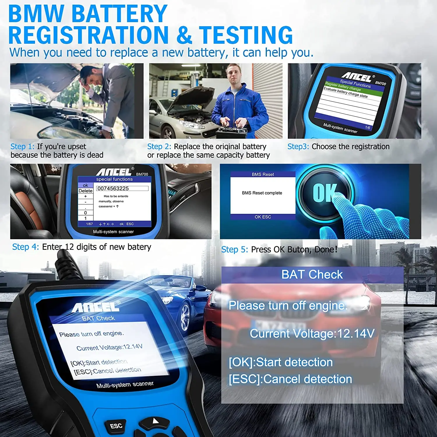 Ancel bm700 pro obd2 scanner para mini epb sas airbag tpms bateria óleo redefinição obd2 scanner automotivo ferramenta de diagnóstico do carro