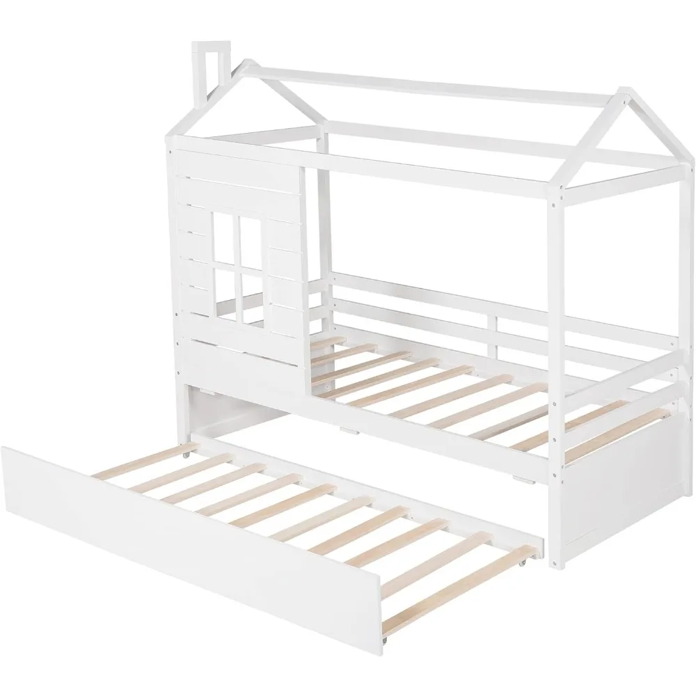 Letto di casa per bambini, Twin Size, letto Montessori per bambini con Design a rotelle, finestra e tetto, struttura del letto per bambini divertente casetta per bambini
