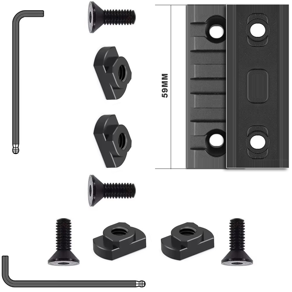 Juego de rieles de accesorios de aluminio Picatinny único, 5 ranuras con 4 tuercas en T y 4 tornillos, 2 llaves Allen - Negro - 2 piezas